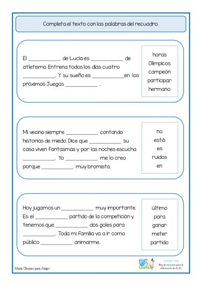 Ejercicio De Palabras Perdidas En Textos Cortos